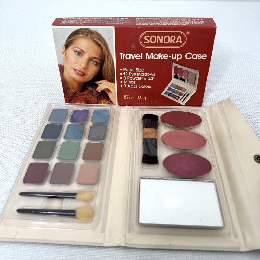 VTG Sonora Brand Makeup Palette Travel Compact 12 Soft Shadows 3 Blush 80's New - Picture 8 of 16